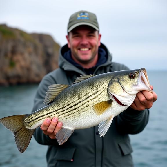An angler proudly holding a large bass fish.