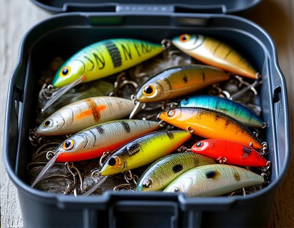 A collection of colorful, high-quality fishing lures in a tackle box.