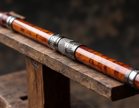 A gleaming, custom-built fishing rod displayed on a wooden rack.