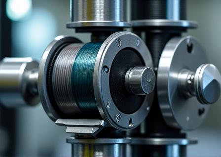 A fishing reel being stress-tested on a machine.