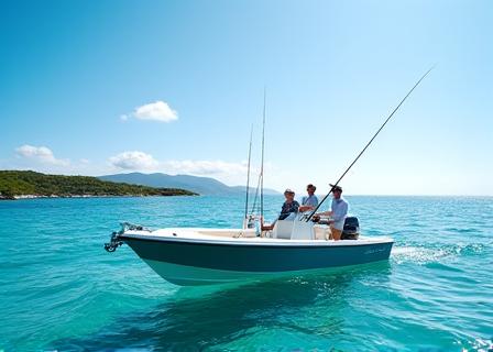 A fishing boat on the water with two anglers and a guide.