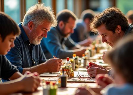 A group of people attending a fly-tying workshop.
