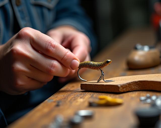 Close-up of hands carefully crafting a custom fishing lure in the workshop.